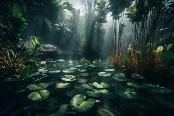 Aquatic life surrounded by plants in pond. Generative AI
