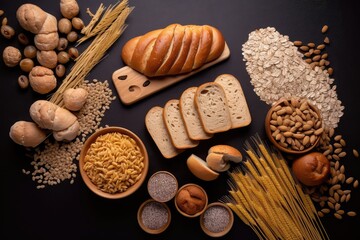 Variety of bread and wheat products on black background. Top view. Generative AI