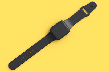 Smart watch or fitness tracker isolated on yellow monochrome background.