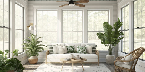 beautiful Bright and airy sunroom with a white wicker sofa, a tropical leaf print. Generative AI