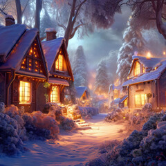 Fototapeta premium Fairytale surreal fantasy Christmas village with snow. Winter landscape. Generative AI