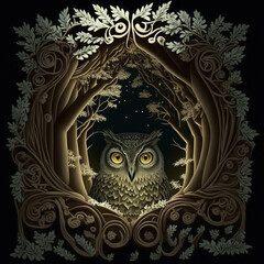 Illustration of a owl inside a tree hole