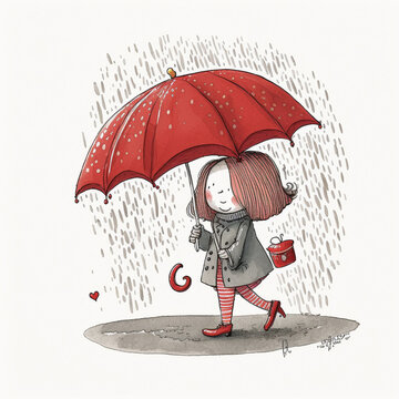 Illustration of a woman with a red umbrella under the rain