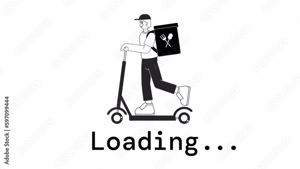 Poster scooter courier bw loader animation. fast food delivery guy riding. flash message 4k video footage. 