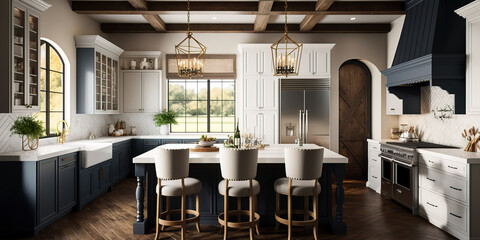 Traditional kitchen in new luxury home with hardwood floors, wood beams, large island and quartz counters. Generative AI