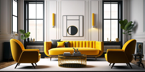 Beautiful Modern art deco interior design of apartment, living room with yellow sofa. Generative AI