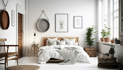 White apartment bedroom with natural wooden furniture. Generative AI
