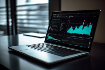 Laptop computer with statistical data panel and graphs. Analytics of economic growth. Planning a marketing business strategy. SEO analytics or profit and earning concept. ai generated