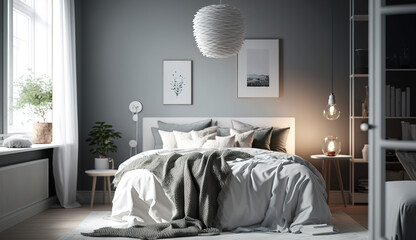 Beautiful modern Scandinavian style bedroom, Generative AI