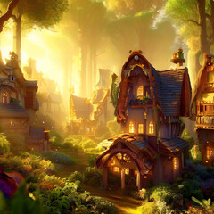 Fantasy houses in magic forest, scenery of fairy tale village. Generative AI