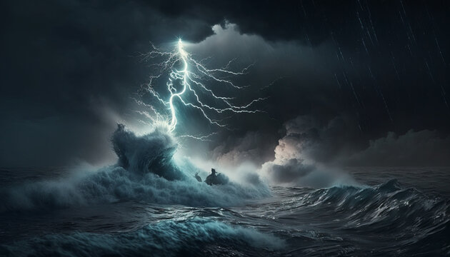 Lightning storm at sea, with a powerful and dangerous presence and a sense of raw energy and power. Generative AI