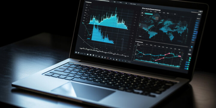 Laptop computer with statistical data panel and graphs. Analytics of economic growth. Planning a marketing business strategy. SEO analytics or profit and earning concept. ai generated