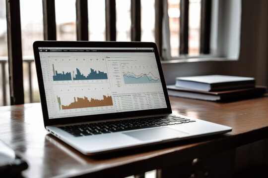 Laptop Computer With Statistical Data Panel And Graphs. Analytics Of Economic Growth. Planning A Marketing Business Strategy. SEO Analytics Or Profit And Earning Concept. Ai Generated