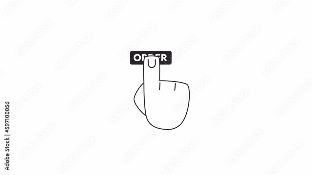 Poster click order button bw animation. animated press with finger 2d flat monochromatic thin line first vi