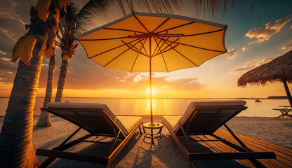 Fototapeta na wymiar Tropical sunset scenery, two sun beds, loungers, umbrella under palm tree. Generative AI