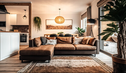 Beautiful modern living room in house with contemporary interior design, Generative AI