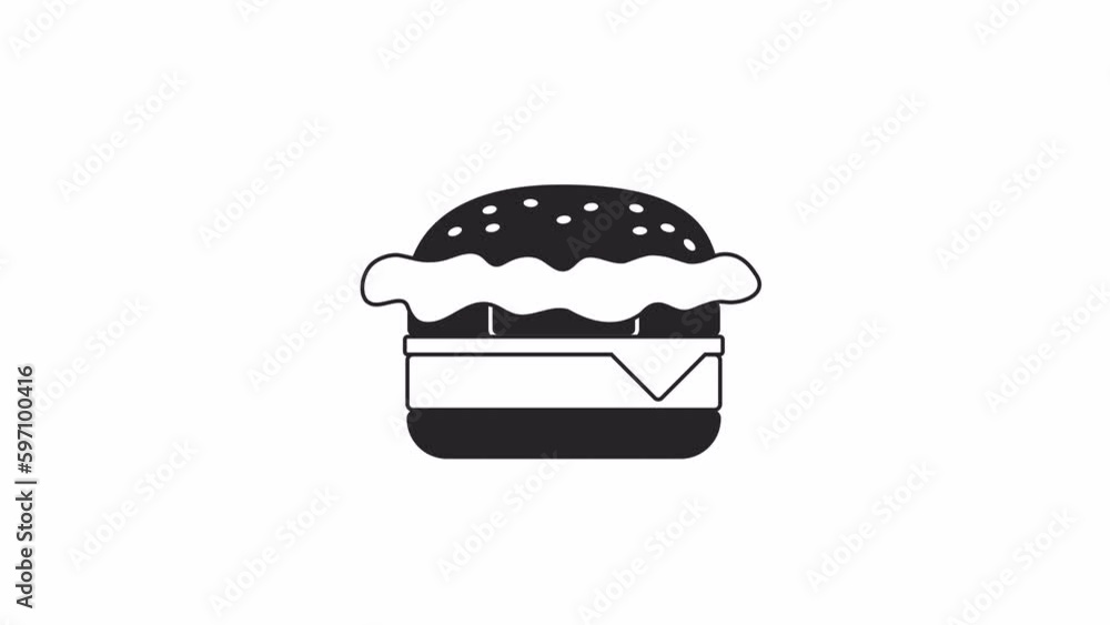 Poster animated bw juicy cheeseburger. black and white thin line icon 4k video footage for web design. spri