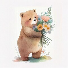 teddy bear with a bouquet of flowers character, cartoon watercolor style Generative AI