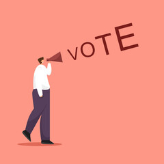 Election campaign and blank advertising announcement vector character on red background.