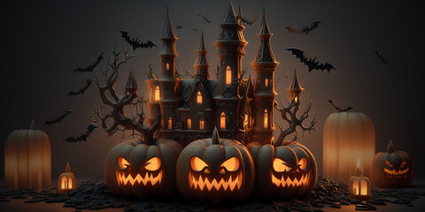 Jack O Lanterns pumpkins and candles glowing at spooky mysterious castle. Generative AI