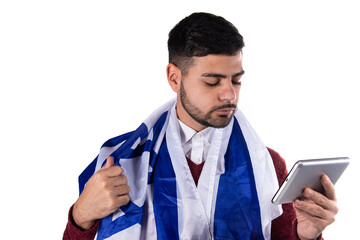 Young attractive man with the Israeli flag. Happy man.	