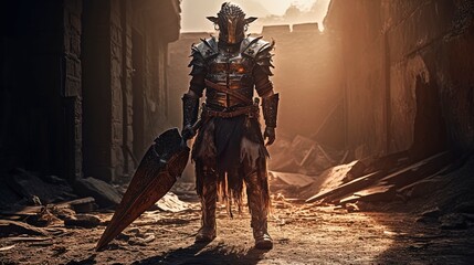 Fototapeta premium Fierce Warrior Amidst Ruins, Flaming Sword, Battle-Worn Armor, Fantasy Studio Portrait, 8K Resolution. Generative AI