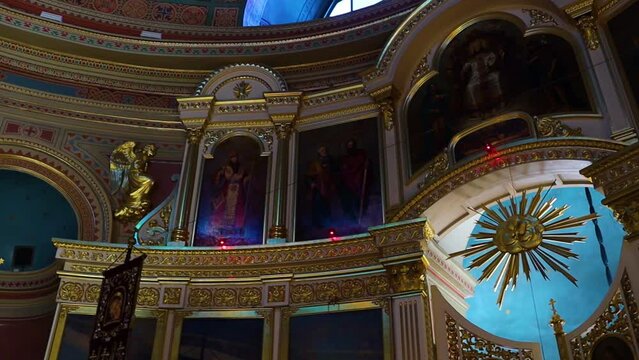 Russia Vyborg 04.04.2023 Icons with frescoes inside an Orthodox Christian church