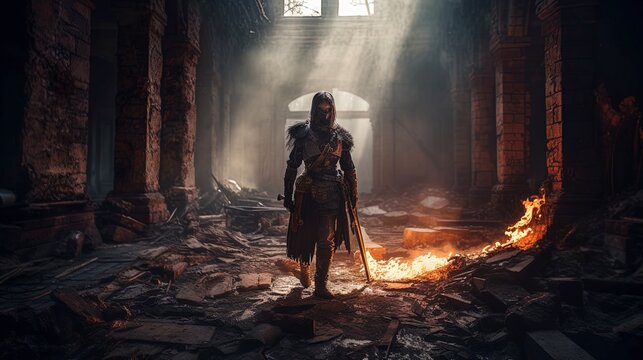 Fierce Warrior Amidst Ruins, Flaming Sword, Battle-Worn Armor, Fantasy Studio Portrait, 8K Resolution. Generative AI