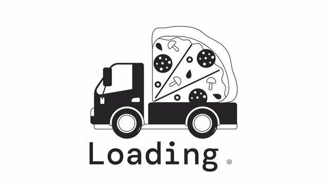 Pizza truck bw loader animation. Local pizzeria takeout, delivery. Flash message 4K video footage. Isolated monochrome loading progress indicator with alpha channel transparency for UI, UX web design