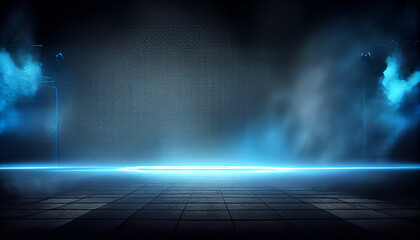 3d render background. Dark empty stage, with blue neon light