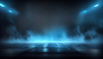 3d render background. Dark empty stage, with blue neon light