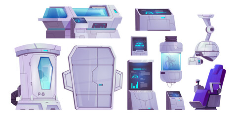 Cryogenic capsules from futuristic science laboratory or spaceship. Future space technologies concept with hibernation pods isolated on white background, vector cartoon set © klyaksun