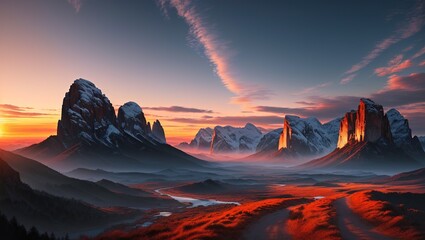 Fantasy planet. Mountain and lake. 3d render illustration
