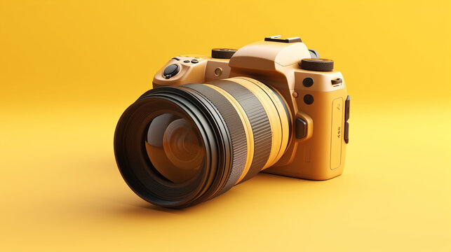 A Model of a camera isolated on yellow background, 3d rendered 