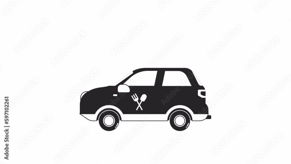 Poster animated bw catering service car. black and white thin line icon 4k video footage for web design. fo
