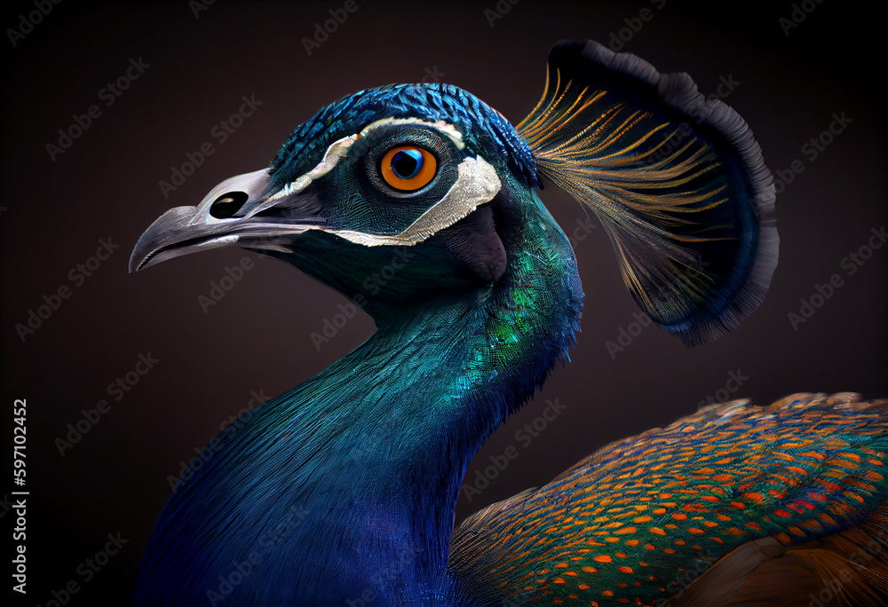 Poster close up of peacock head generative ai technology.
