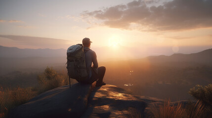 A young man with his backpack looking the natural seen of the sunset by sitting at mountain