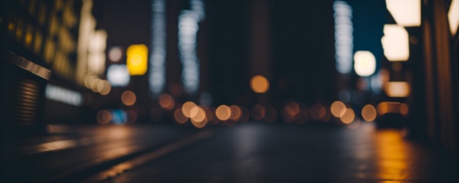 night city street bokeh effect, dark blurry background with lights, generative AI