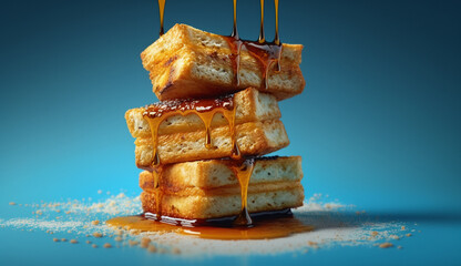 Pile of pancakes with caramel on blue background. 3d illustration
