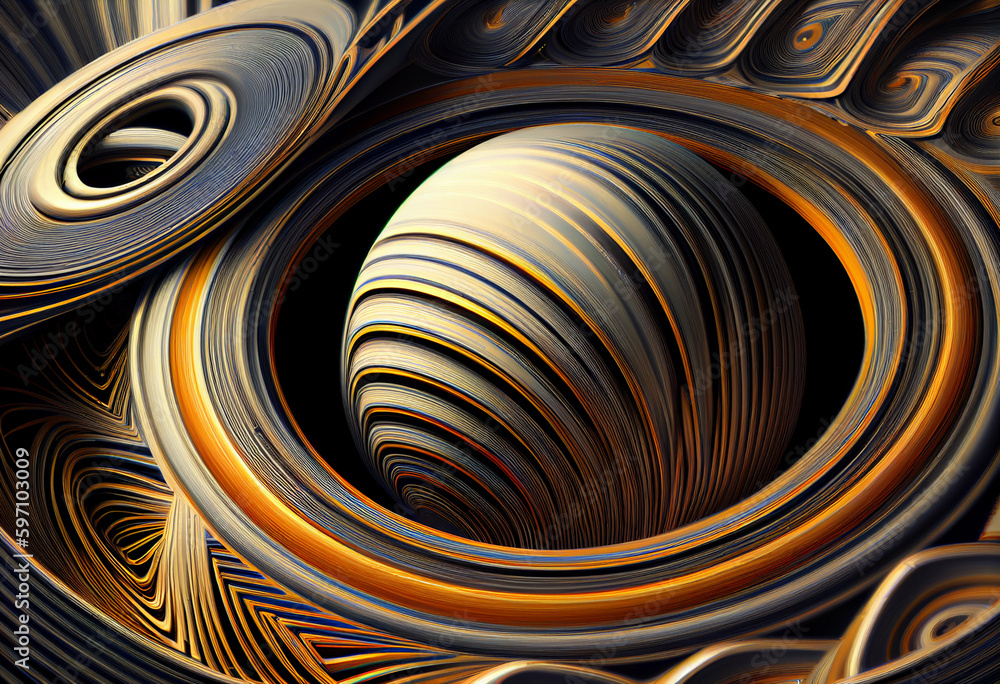 Poster a complex, multi-layered pattern of interlocking shapes that resembles the rings of saturn generativ