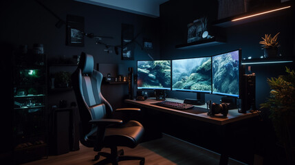 Gaming room of gamer with big screen and a gaming chair and table