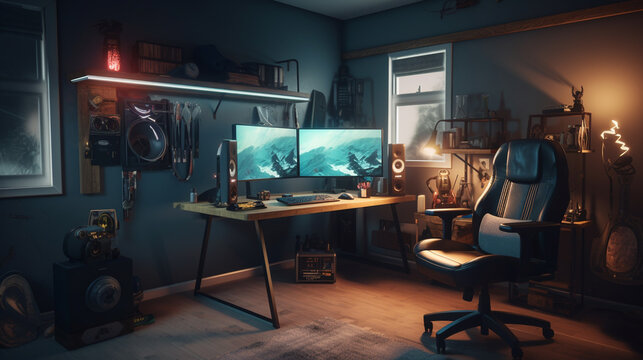 Gaming room of gamer with a big screen and a gaming chair and table