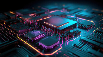 Fototapeta na wymiar Abstract Computer Circuit Cyberspace Design with Neon Lighting - Generative AI