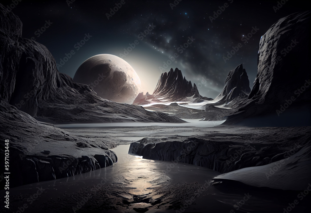 Poster A dark and mysterious landscape that resembles the surface of Pluto Generative AI technology.