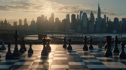 Obraz premium Chess game fight business with the city in the background - Generative AI