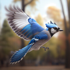 Blue jay flying | Blue jay bird in the sky | Generative AI | Hyper realistic | Photo-realism | Digital art - obrazy, fototapety, plakaty