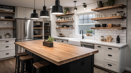 Interior of modern kitchen with wooden countertop and black cupboard