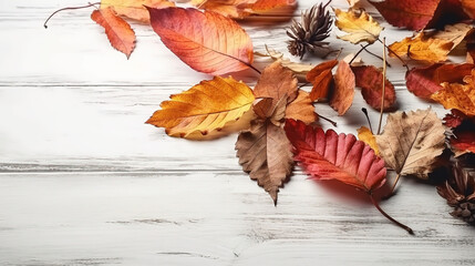 Festive autumn leaves decor on white wooden table with copy space, Textured vintage background - Generative AI