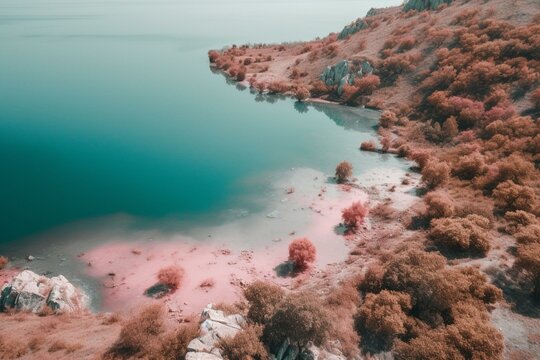 A pink lake near the Black Sea - Chokrak Lake in Karalarsky Park, Crimea viewed from above. Generative AI