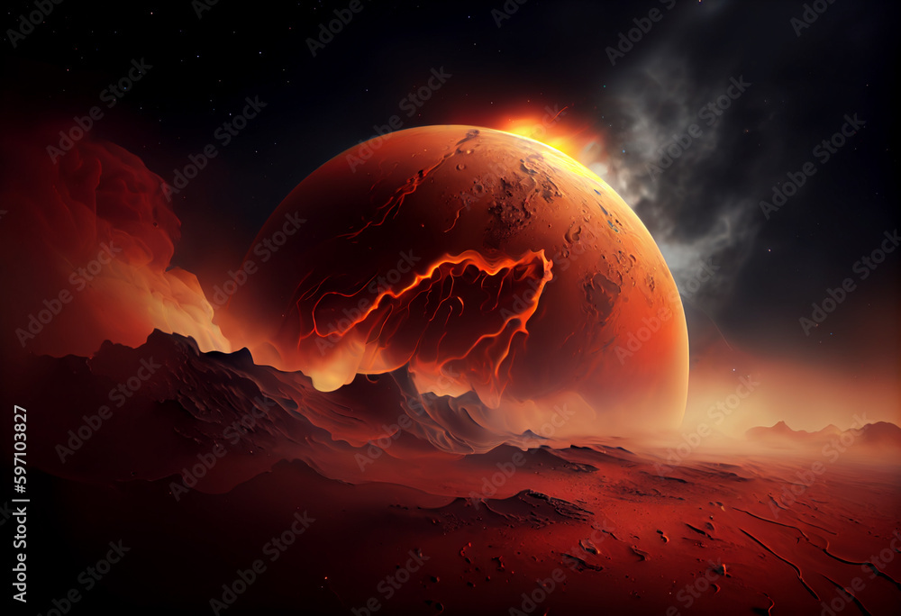 Poster A fiery, red planet with a swirling dust storm that resembles the surface of Mars. Generative AI technology.